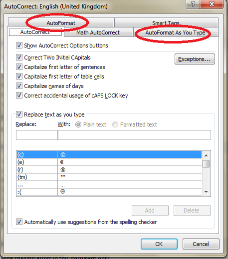 Autoformat 1 AutoFormat tabs in the Autocorrect window