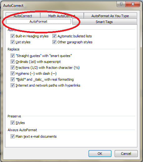 Autoformat 2 AutoFormat menu
