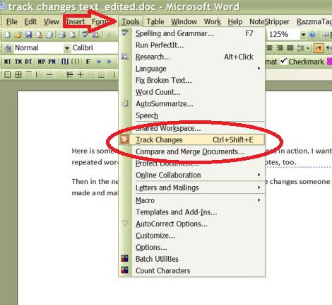 Finding Track Changes in Word 2003