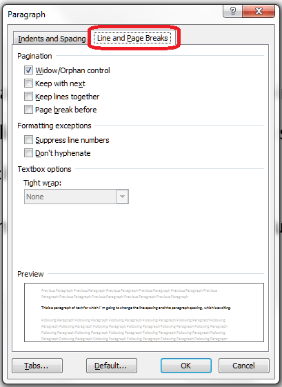 7 line and page break options