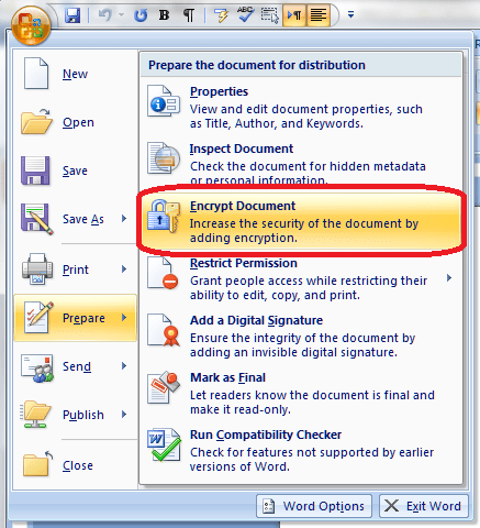 Word 2007 1 add password