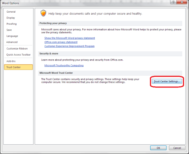 5 trust center settings