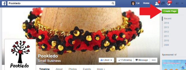 Facebook create a page button