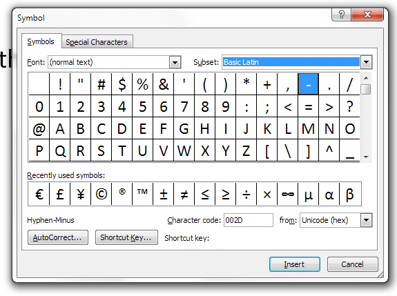 choice of symbols in word