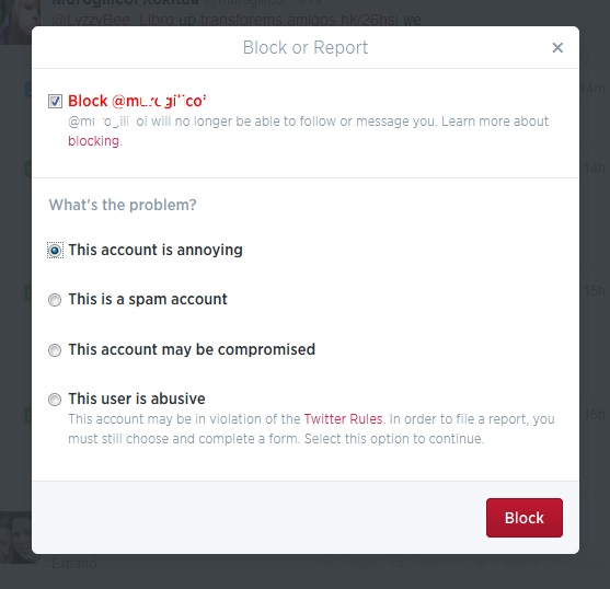 Block and report on Twitter