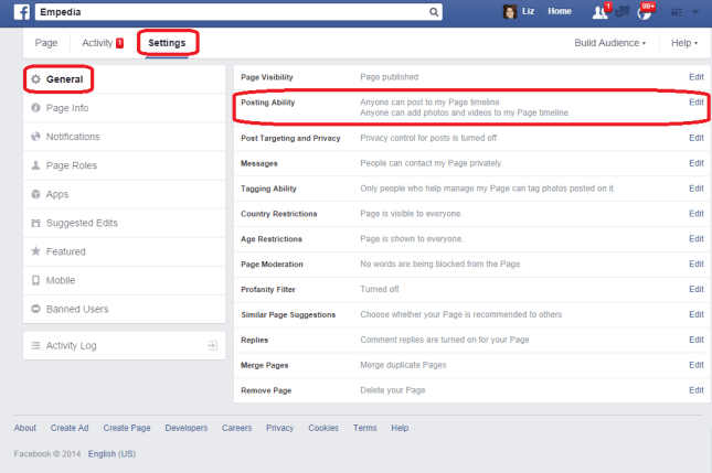 Facebook settings allowing posts