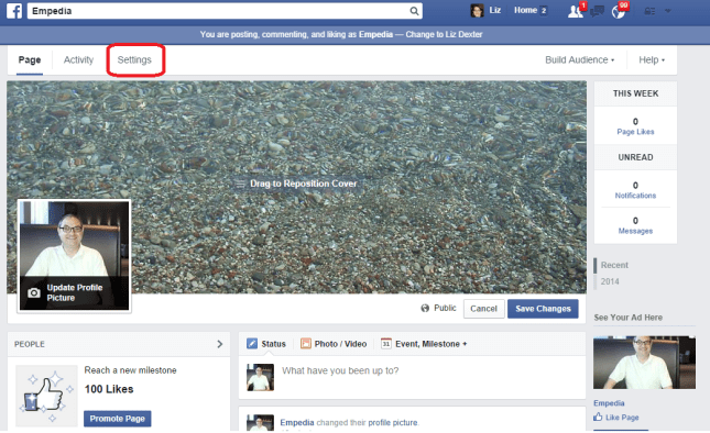 Facebook page settings