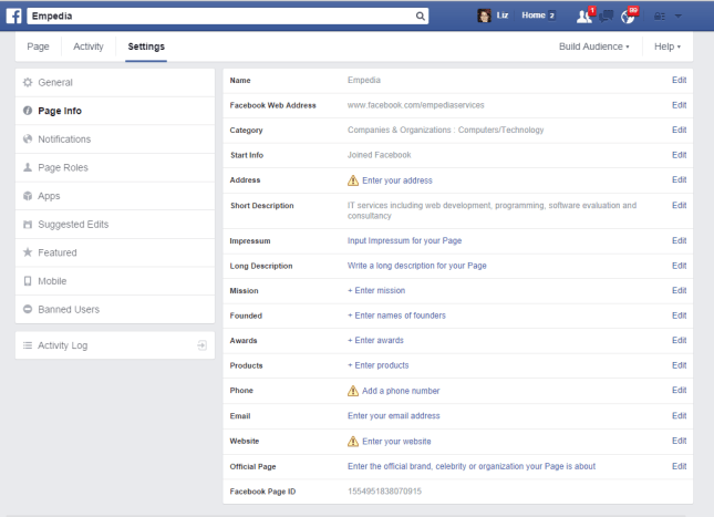 Facebook Page Info settings