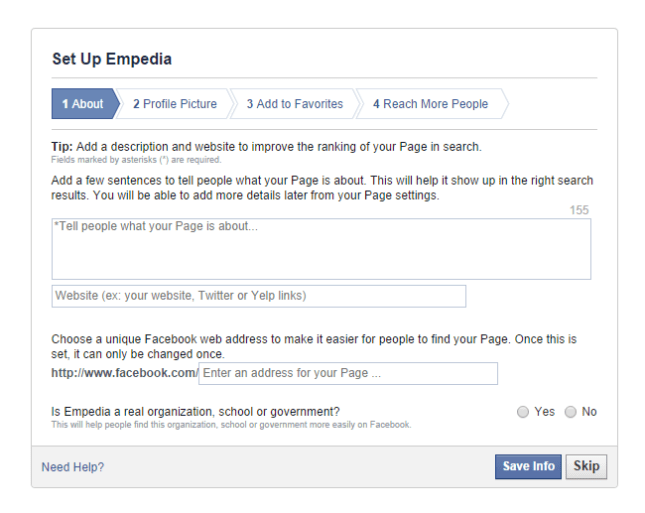 Facebook set up page