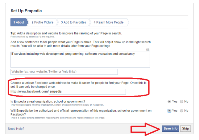 Facebook page set up filled in