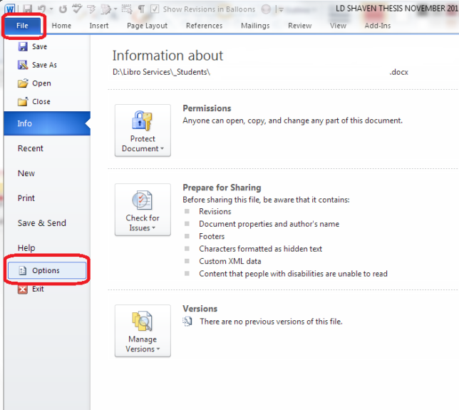 Accessing Word Options Word 2010 and 2013