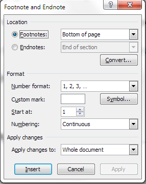 footnote menu dialogue box word