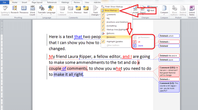 Word 2010 show reviewers