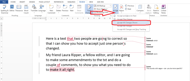 Word 2013 accept changes shown