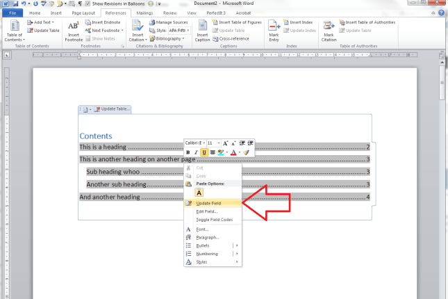 update contents page - update field