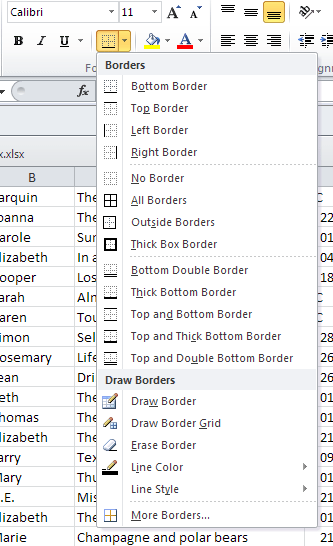 border options excel