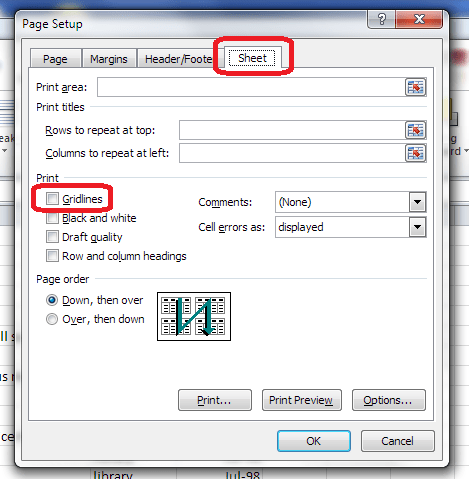 sheet options print gridlines