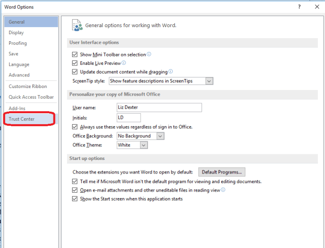 accessing the trust center in word