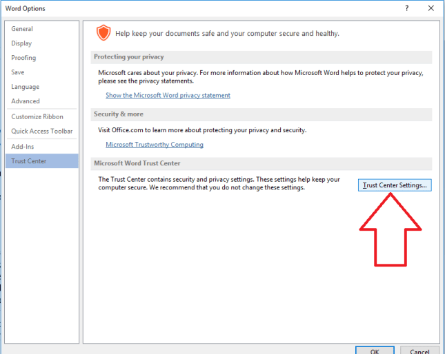 Trust Center in word
