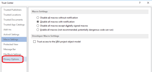 Privacy settings in trust center in word