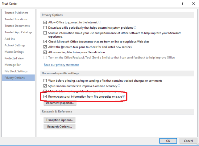 remove personal identification on save in word