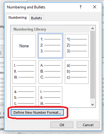 Word 2013 2016 define new numbering format