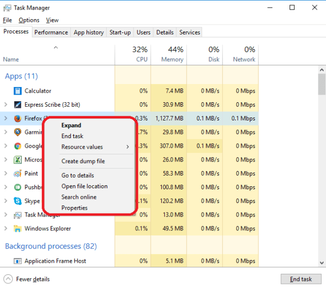 right click to end task