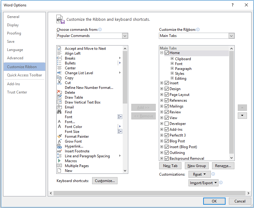 customise ribbon menu and dialogue box
