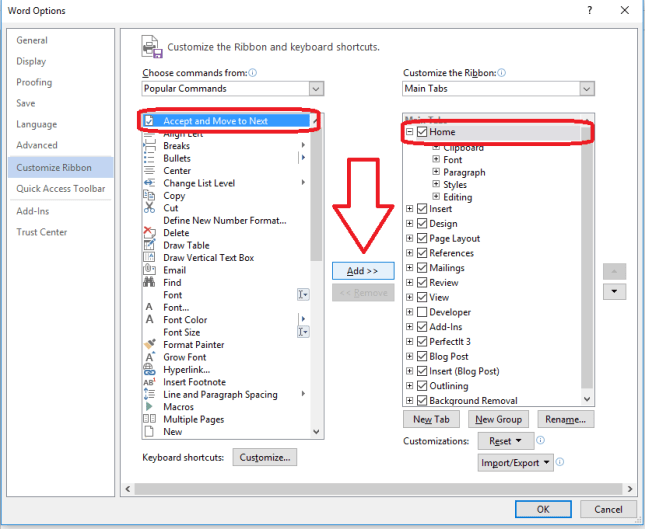 add an item to the word ribbon