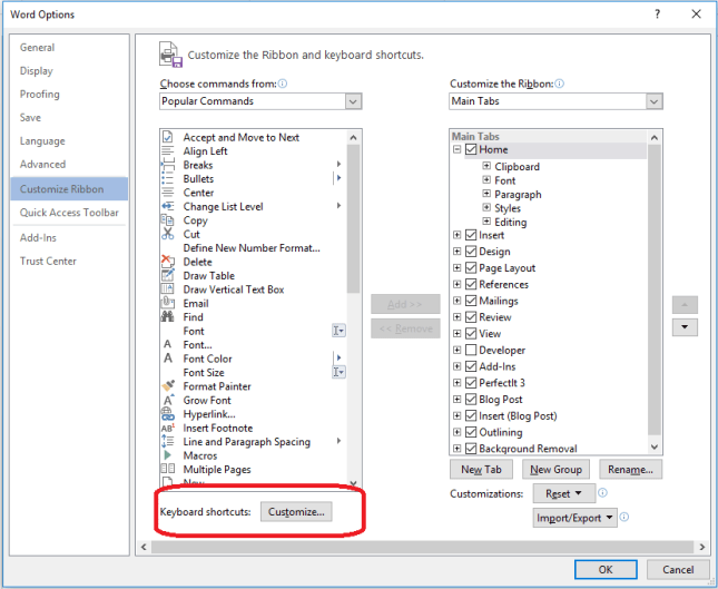 customize ribbon and short cut keys