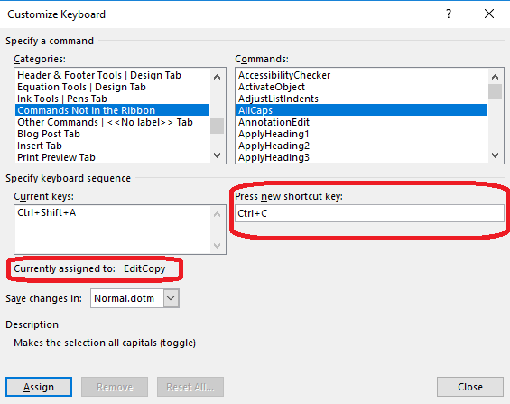keystroke already assigned
