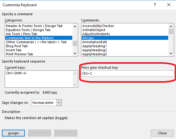 assign a new keystroke
