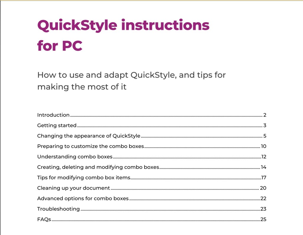 Menu for the PC manual